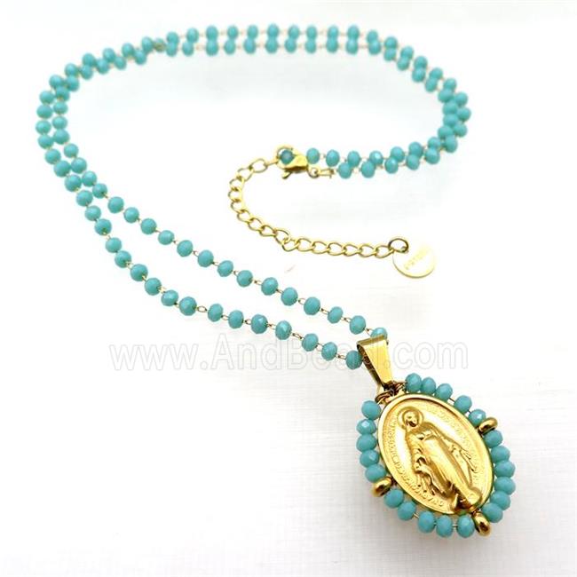 Stainless Steel Jesus Necklace Green Crystal Glass Gold Plated