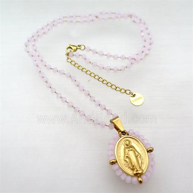 Stainless Steel Jesus Necklace Pink Crystal Glass Gold Plated