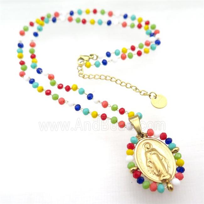 Stainless Steel Jesus Necklace Multicolor Crystal Glass Gold Plated