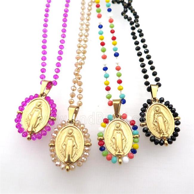 Stainless Steel Jesus Necklace Crystal Glass Gold Plated Mixed