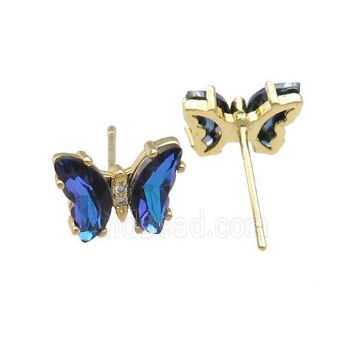 blue Crystal Glass Butterfly Stud Earrings, gold plated