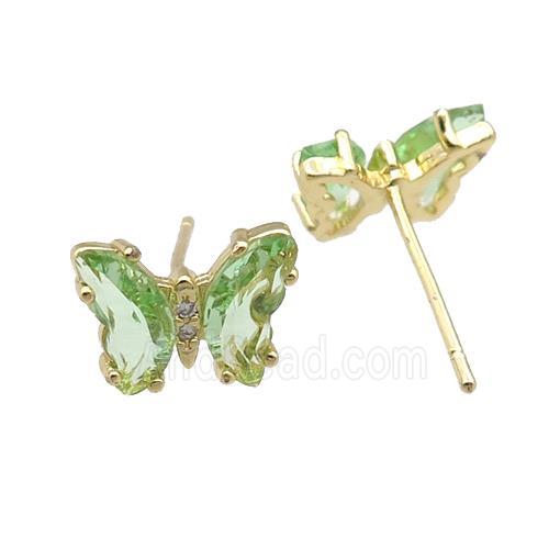 lt.green Crystal Glass Butterfly Stud Earrings, gold plated