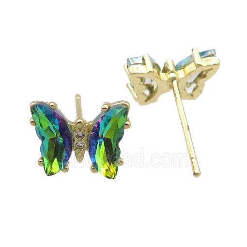 green Crystal Glass Butterfly Stud Earrings, gold plated