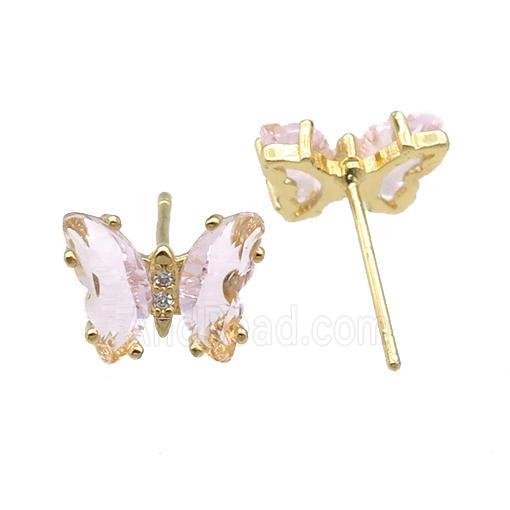 lt.pink Crystal Glass Butterfly Stud Earrings, gold plated