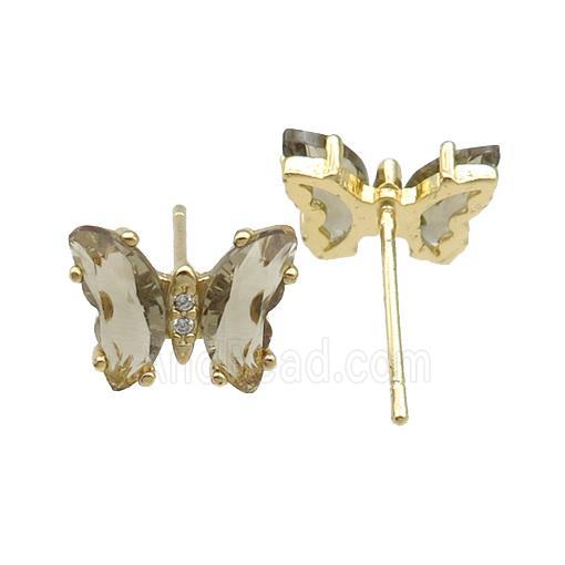 smoky Crystal Glass Butterfly Stud Earrings, gold plated
