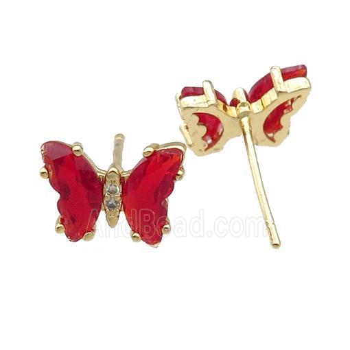 red Crystal Glass Butterfly Stud Earrings, gold plated