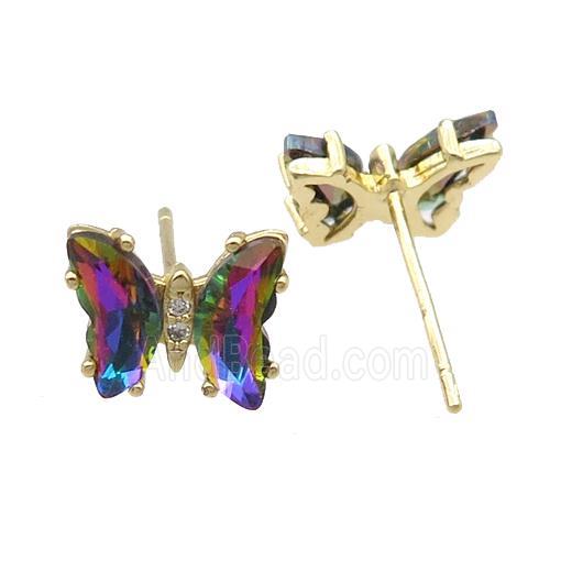 rainbow Crystal Glass Butterfly Stud Earrings, gold plated