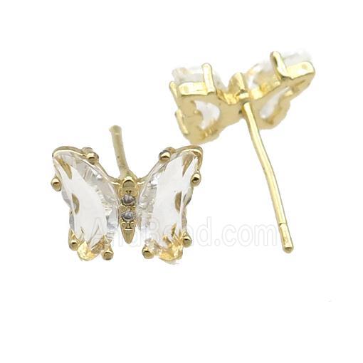clear Crystal Glass Butterfly Stud Earrings, gold plated