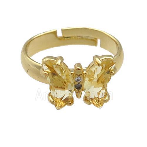 champagne Crystal Glass Butterfly Rings, gold plated