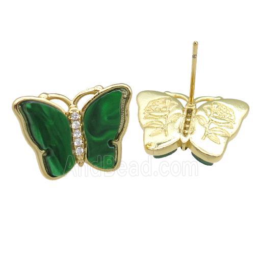 green Resin Butterfly Stud Earrings, gold plated