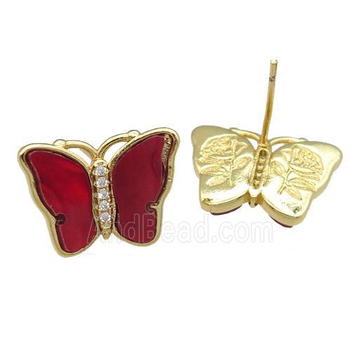 red Resin Butterfly Stud Earrings, gold plated