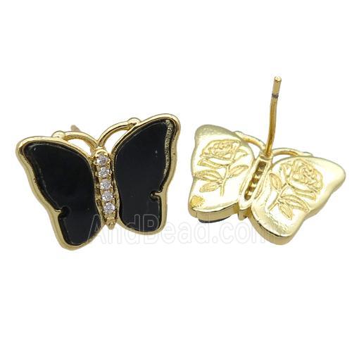 black Resin Butterfly Stud Earrings, gold plated
