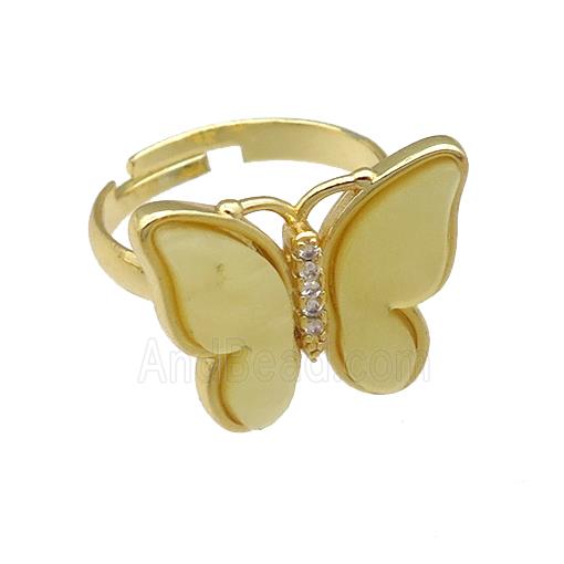 yellow Resin Butterfly Rings, adjustable, gold plated