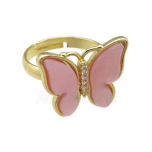 lt.pink Resin Butterfly Rings, adjustable, gold plated