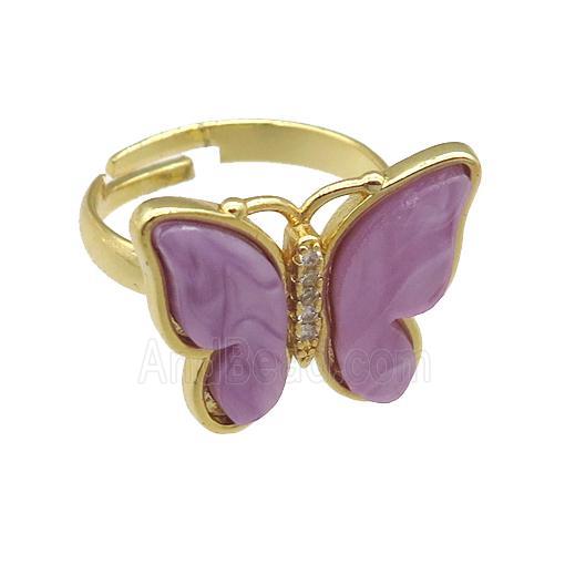 lavender Resin Butterfly Rings, adjustable, gold plated