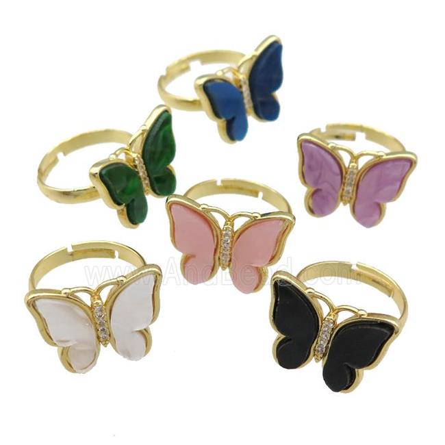 Resin Butterfly Rings pave zircon, adjustable, gold plated, mixed