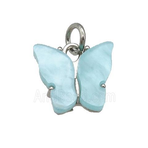 blue Resin Butterfly Pendant, platinum plated
