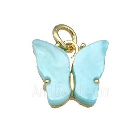 teal Resin Butterfly Pendant, gold plated