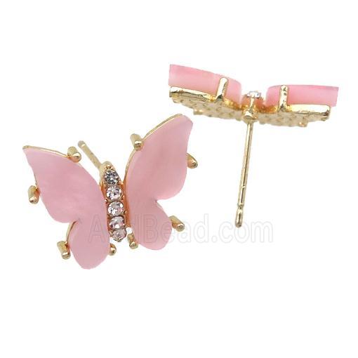 pink Resin Butterfly Stud Earrings, gold plated