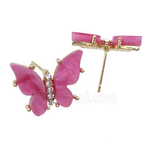 hotpink Resin Butterfly Stud Earrings, gold plated