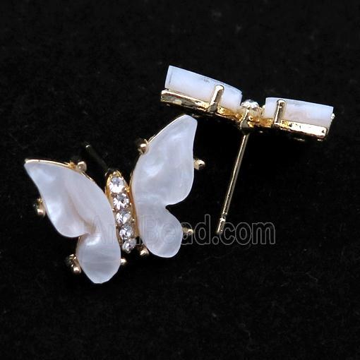 white pearlized Resin Butterfly Stud Earrings, gold plated