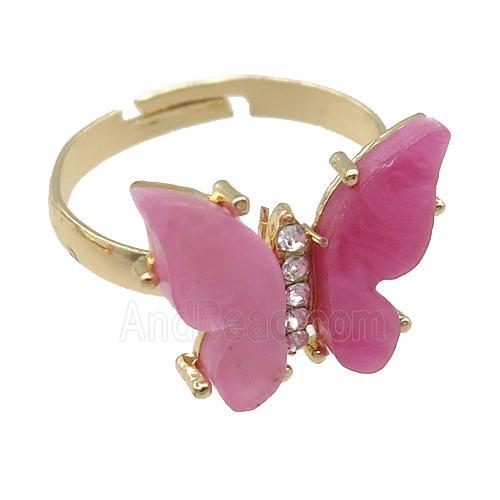 pink Resin Butterfly Rings, adjustable, gold plated