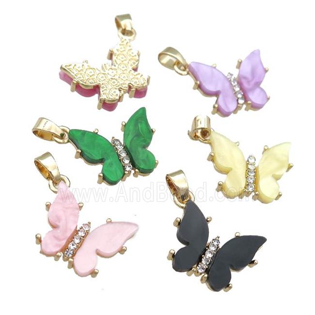 Resin Butterfly Pendant paved zircon, gold plated, mixed