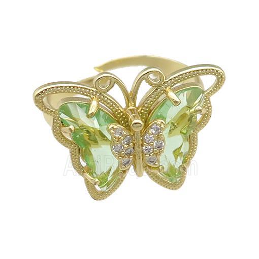 lt.green Crystal Glass Butterfly Rings, adjustable, gold plated