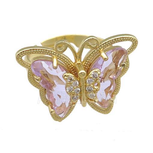 lt.lavender Crystal Glass Butterfly Rings, adjustable, gold plated