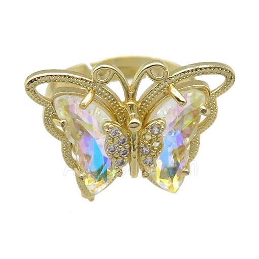 clear AB-color Crystal Glass Butterfly Rings, adjustable, gold plated