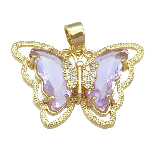 lavender Crystal Glass Butterfly Pendant, gold plated
