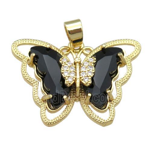 black Crystal Glass Butterfly Pendant, gold plated