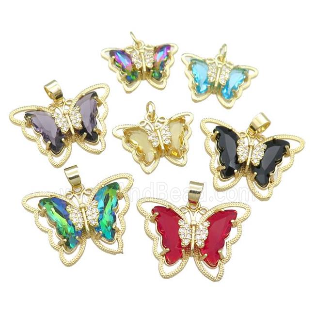 Crystal Glass Butterfly Pendant pave zircon, gold plated, mixed