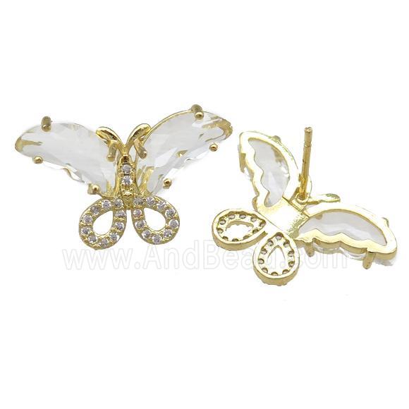 clear Crystal Glass Butterfly Stud Earring, gold plated