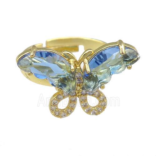 lt.blue Crystal Glass Butterfly Rings, adjustable, gold plated