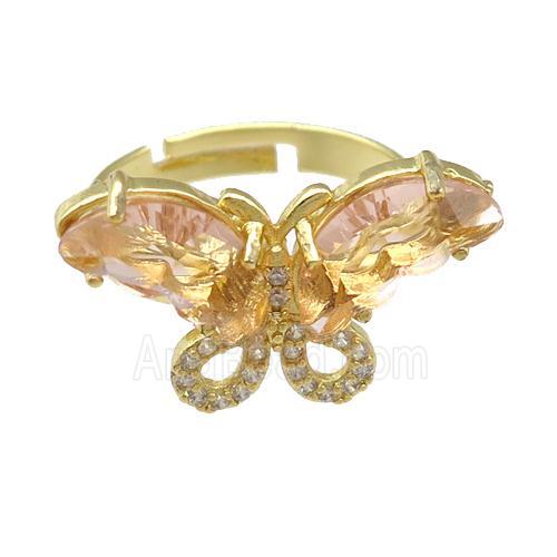 peach Crystal Glass Butterfly Rings, adjustable, gold plated