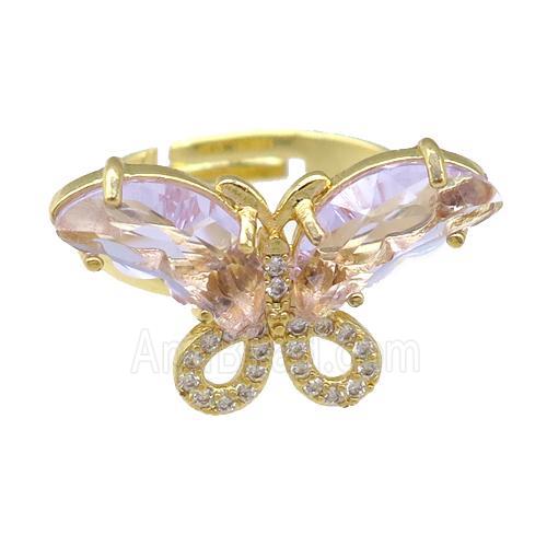 lt.pink Crystal Glass Butterfly Rings, adjustable, gold plated
