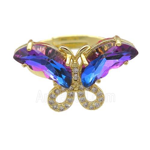 bluepurple Crystal Glass Butterfly Rings, adjustable, gold plated