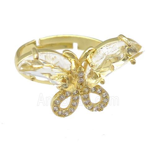 clear Crystal Glass Butterfly Rings, adjustable, gold plated