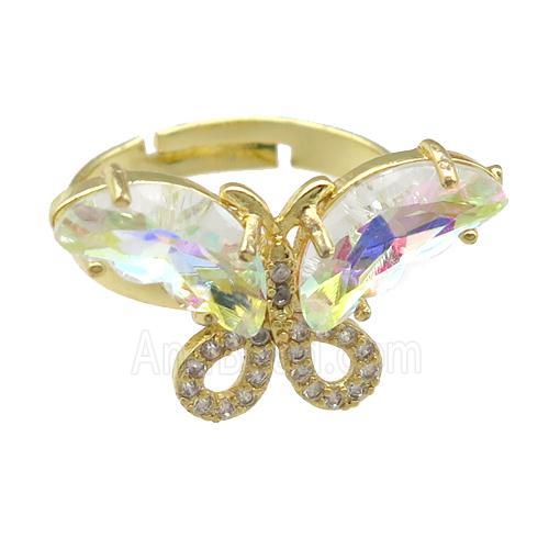 clear AB-color Crystal Glass Butterfly Rings, adjustable, gold plated