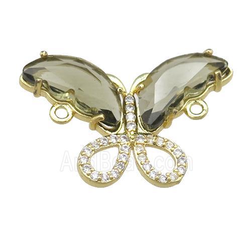 smoky Crystal Glass Butterfly Connector, gold plated