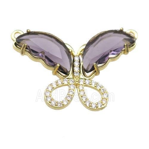 purple Crystal Glass Butterfly Pendant with 2loops, gold plated