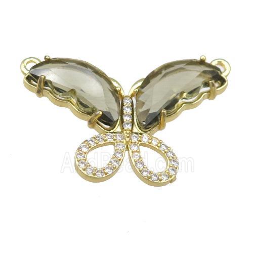 smoky Crystal Glass Butterfly Pendant with 2loops, gold plated