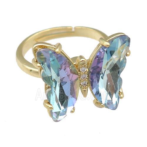 lt.blue Crystal Glass Butterfly Spinner Rings, adjustable, gold plated