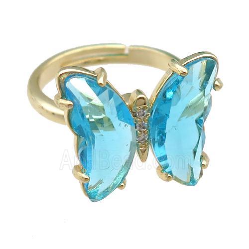aqua Crystal Glass Butterfly Spinner Rings, adjustable, gold plated