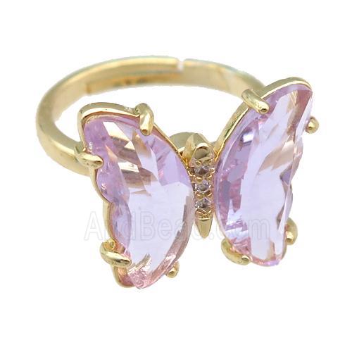 lavender Crystal Glass Butterfly Spinner Rings, adjustable, gold plated