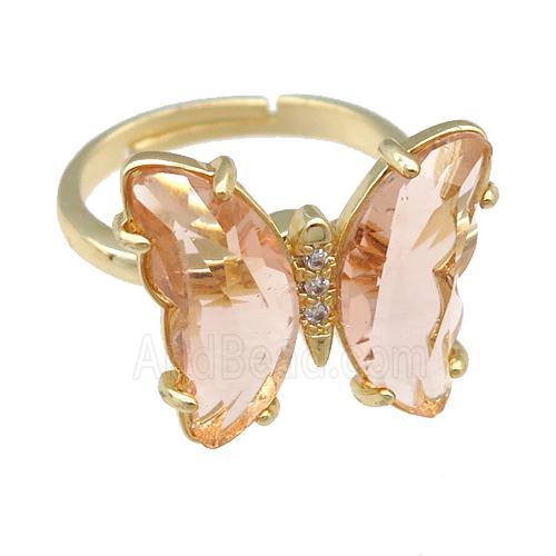 peach Crystal Glass Butterfly Spinner Rings, adjustable, gold plated