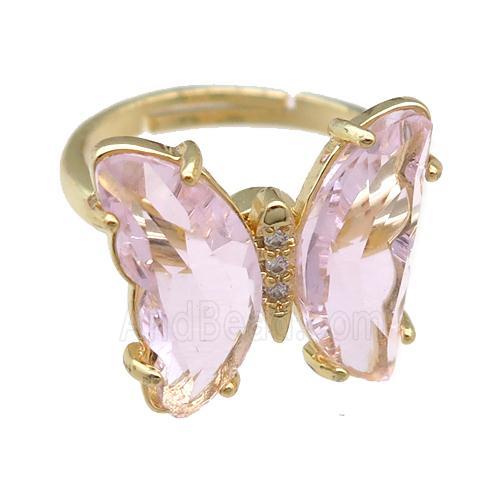 lt.pink Crystal Glass Butterfly Spinner Rings, adjustable, gold plated