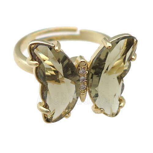 smoky Crystal Glass Butterfly Spinner Rings, adjustable, gold plated