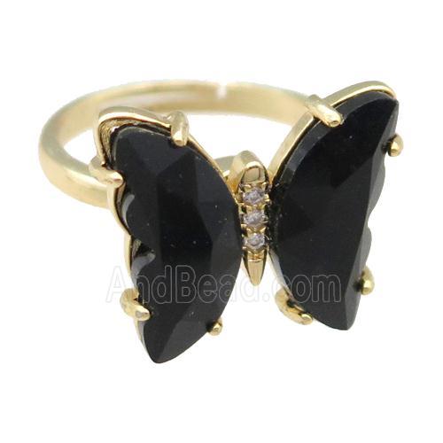 black Crystal Glass Butterfly Spinner Rings, adjustable, gold plated